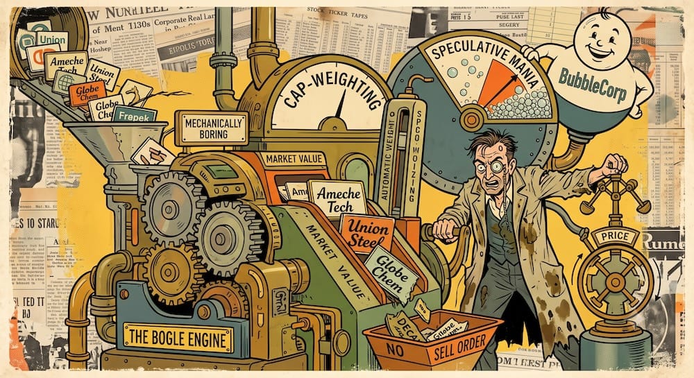 Cap-weighting index mechanism: A frenzied operator controls ‘THE BOGLE ENGINE’ machine labeled ‘MECHANICALLY BORING’. It sorts companies like ‘Union Steel’ by market value into a ‘NO SELL ORDER’ bin, while a large gauge labeled ‘SPECULATIVE MANIA’ climbs due to an inflated ‘BubbleCorp’ asset.