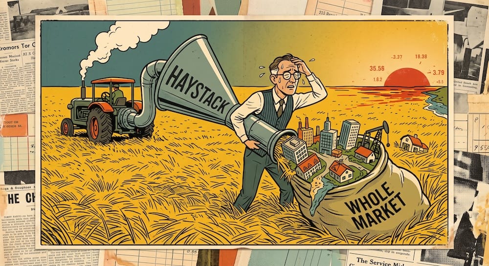 Bogle passive investing haystack arithmetic metaphor: A sweating, weary investor is vacuuming entire miniature factories, office buildings, and coastlines into a sack using a massive industrial machine labeled 'WHOLE MARKET'. He looks stressed, failing to select individual winners while capturing the entire volatile corporate landscape before a red sunset showing arbitrary market numbers.
