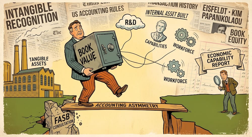 Traditional Book Value vs. Intangible Asset Recognition Under Modern US Accounting Rules An investor balancing on a wooden plank labeled 'ACCOUNTING ASYMMETRY' struggles to carry a heavy safe labeled 'BOOK VALUE'. Disconnected floating clouds and gears representing 'R&D', 'CAPABILITIES', and 'WORKFORCE' escape the safe, missing from traditional book equity calculations.