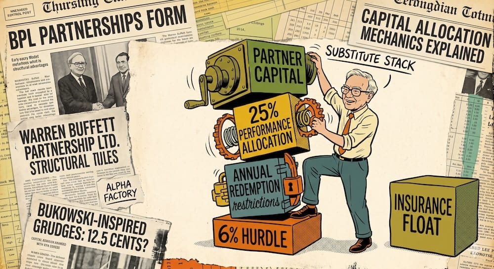 How Warren Buffett Compounded 31% Gross Returns Before Insurance Float Warren Buffett caricature constructs a 'SUBSTITUTE STACK' machine from gears and crates labeled 'PARTNER CAPITAL', '25% PERFORMANCE ALLOCATION', '6% HURDLE', and 'ANNUAL REDEMPTION'. To the side, an untouched crate reads 'INSURANCE FLOAT'. Background newspaper collages headline 'BPL PARTNERSHIPS FORM' and 'CAPITAL ALLOCATION MECHANICS EXPLAINED'.