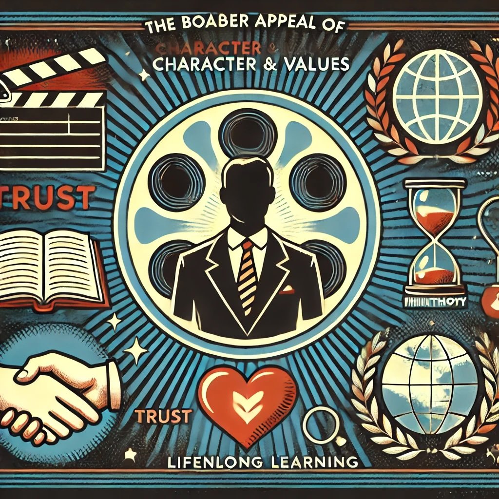 broader appeal of character-focused documentaries, featuring a figure standing before glowing film reel surrounded by symbols of trust, lifelong learning and philanthropy