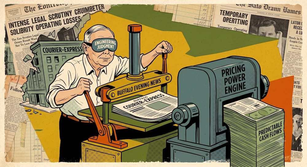 A determined Charlie Munger operating a surreal hydraulic press, squashing competing newspaper 'COURIER-EXPRESS' into a solid block of cash emerging from a machine called 'PRICING POWER ENGINE'