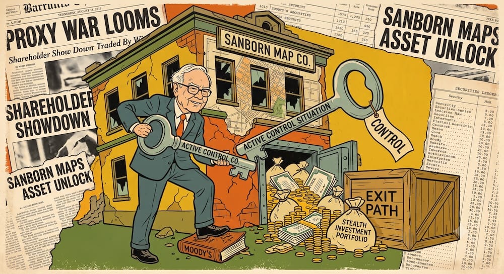 Warren Buffett in a suit using a massive key labeled 'ACTIVE CONTROL SITUATION' to unlock a crumbling 'SANBORN MAP CO.' building, revealing a vault spilling gold. 'PROXY WAR LOOMS' is visible on collage newspaper clippings. The financial pop art style uses deep mustard and flat olive green.