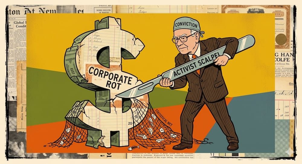 Warren Buffett as surgeon with 'ACTIVIST SCALPEL' makes precise cut into 'CORPORATE ROT' on a dollar structure, contrasting a broken 'STATISTICAL NET' with 30 fish and numbers. Halftone dot matrix