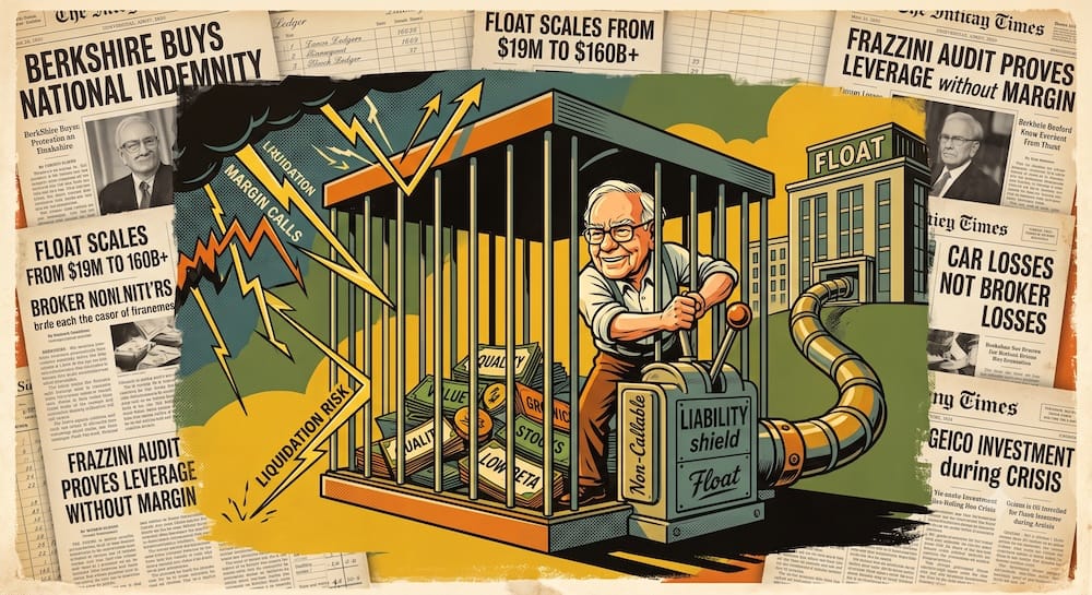 Buffett Liability Side Margin Safety non callable Float alpha factory audit Warren Buffett caricature operates a massive mechanical 'LIABILITY shield' cage that shrugs off jagged market crashes labelled 'MARGIN CALLS' and 'LIQUIDATION RISK'.