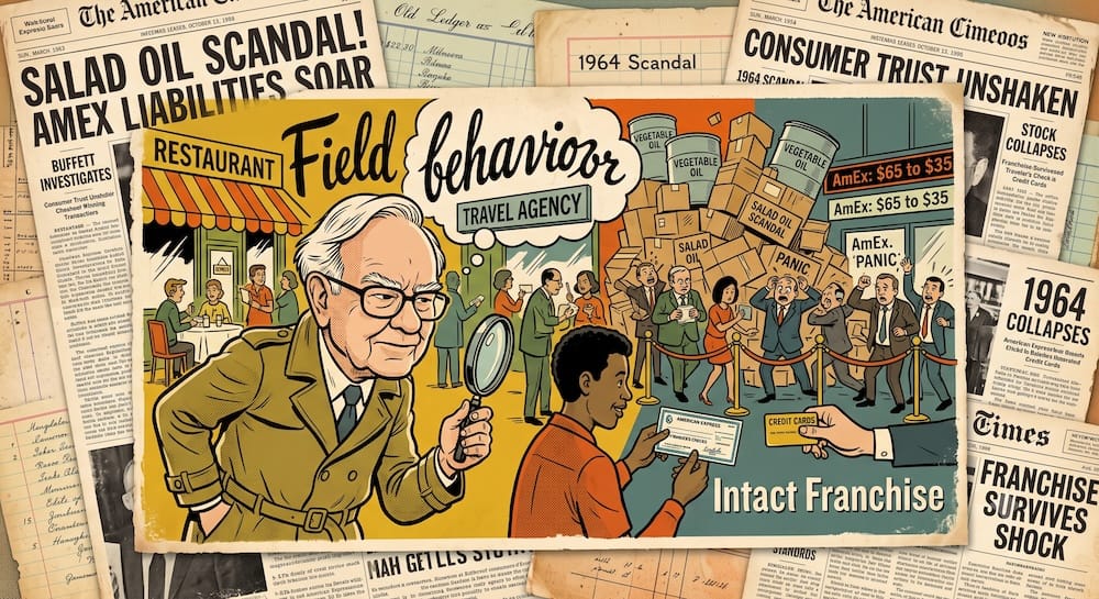 Warren Buffett, as a graphic-novel caricature with a magnifying glass, scrutinizes everyday consumer behavior, observing customers at a restaurant and travel agency using American Express cards and checks. He ignores panicked bankers in the background labeled 'Panic' reacting to a collapsing stack of labeled vegetable oil barrels.