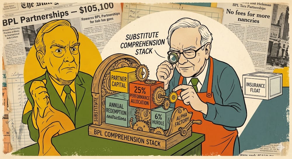 Buffett's Spite Trade: Ego Meets the Capital-Devourer in the Berkshire Textile Loom Warren Buffett caricature stuck fast in giant gears labeled 'CAPITAL-DEVOURING TEXTILE LOOM'. In his fist, he holds a tiny newspaper headline '12.5 CENT SLIGHT'. A distant banner reads 'NATIONAL INDEMNITY FLOAT' as his rescue, set against a vintage collage background of ledger pages and distressed headlines.