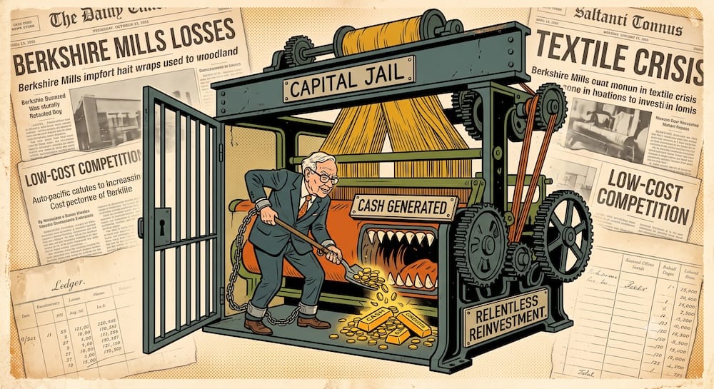 Warren Buffett chained to an obsolete 'CAPITAL JAIL' textile loom, shoveling cash into a 'RELENTLESS REINVESTMENT' maw. Vintage newspapers about 'TEXTILE CRISIS' and 'LOW-COST COMPETITION' collage the background in mustard and teal.