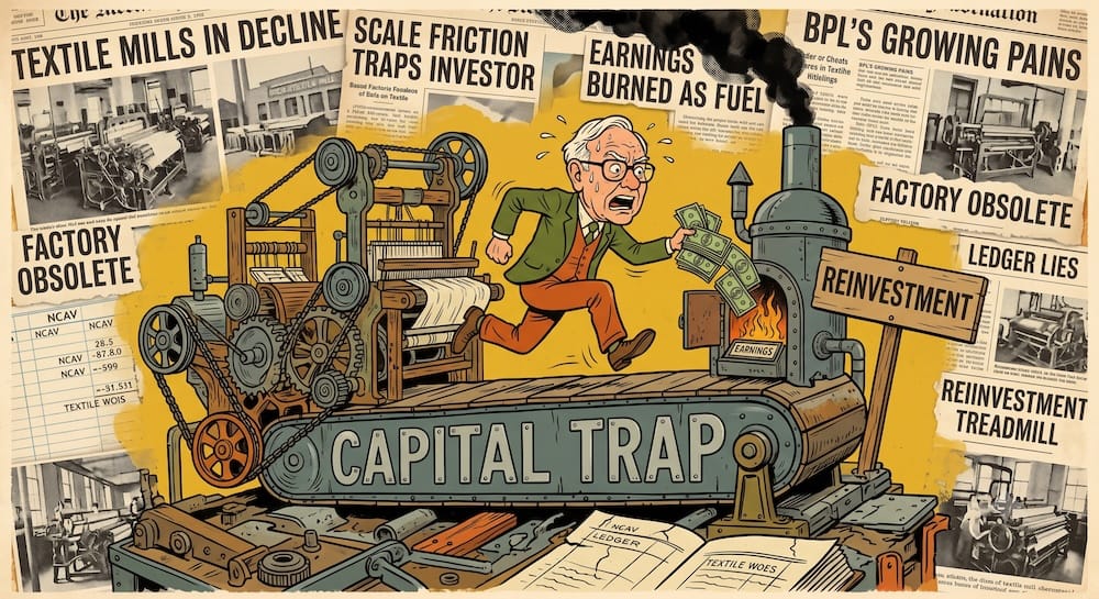 Warren Buffett caricature sweating and running on a massive obsolete industrial treadmill. The machine is a complex 'CAPITAL TRAP' composed of gears, looms, and smoke stacks, consuming his earnings.