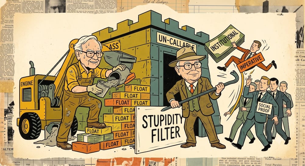 La sociedad de Buffett y Munger: El constructor de fortalezas y el filtro de estupidez en la estructura de capital de Berkshire Warren Buffett con mameluco de constructor levantando incansablemente una fortaleza gigante de efectivo billete etiquetada como FLOAT, mientras una caricatura de Charlie Munger como un filtro cualitativo usa un palo de patovica para bloquear físicamente y echar a trajes institucionales etiquetados como SOCIAL PROOF y a una figura llamada IMPERATIVE.