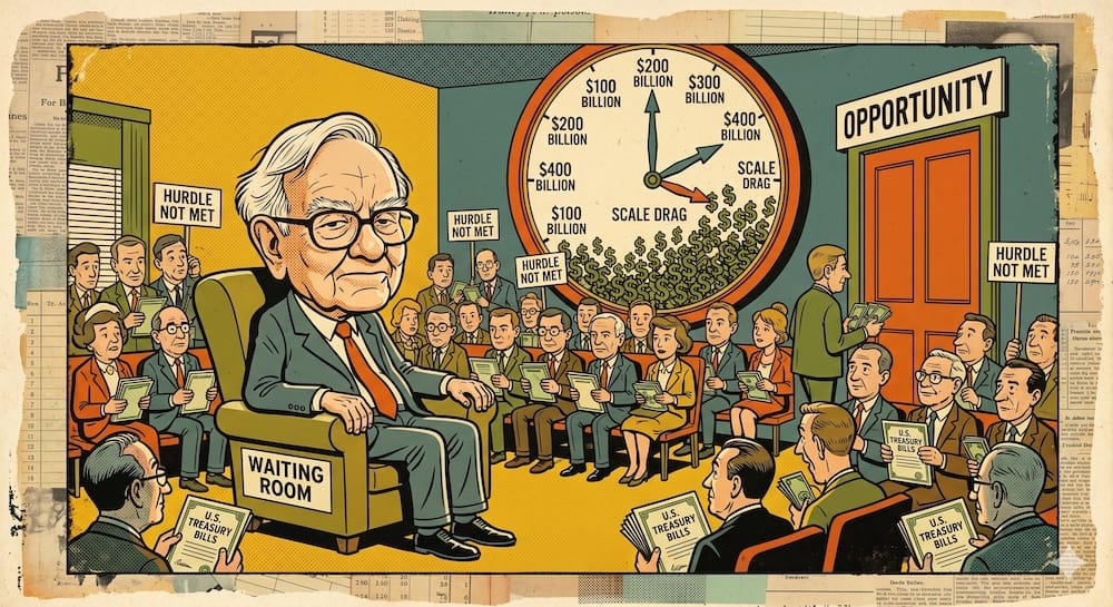 Warren Buffett in an oversized armchair labeled "Waiting Room," surrounded by hundreds of other caricatures holding stacks of cash and U.S. Treasury Bills. A massive clock in the background shows time defined by growing billions, with hands grinding against a pile of tiny people labeled "Scale Drag."