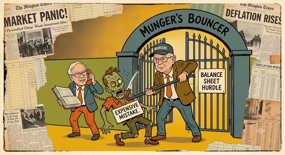 La sociedad de alta fricción de Buffett y Munger: El patovica cualitativo custodiando las malas ideas de inversión Charlie Munger como un patovica cualitativo usando una palanca para aplastar físicamente una acción zombi, representando una mala idea de colilla de cigarrillo barata etiquetada como ERROR CARO, en las PUERTAS DEL BALANCE. Warren Buffett como un duendecillo de las planillas de cálculo mira desde el fondo de recortes de diarios viejos.