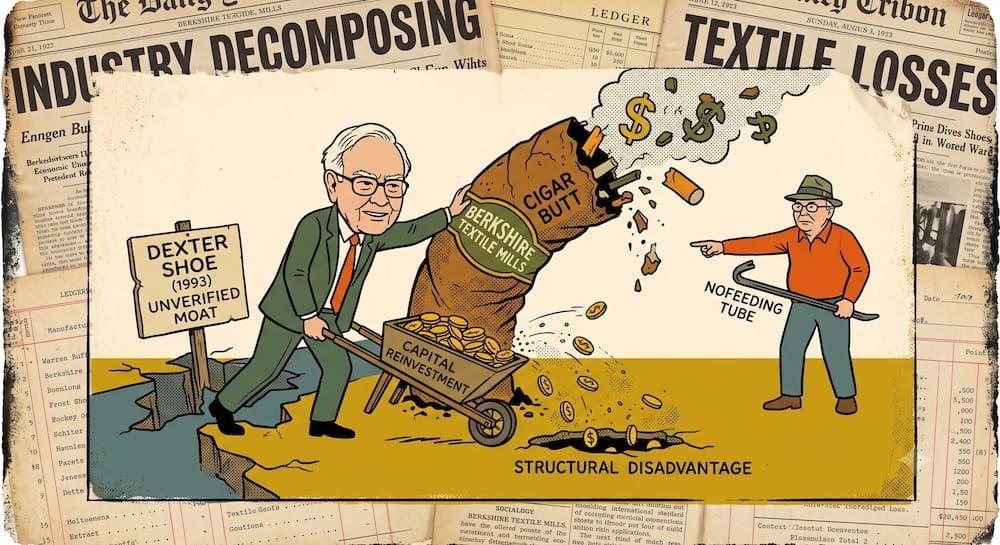 Los fracasos de inversión de alta fricción de Buffett: El error de las colillas de cigarrillo y los límites de la reinversión de capital Warren Buffett empujando con esfuerzo una carretilla de monedas de CAPITAL REINVESTMENT hacia una colilla gigante y decadente etiquetada como BERKSHIRE TEXTILE MILLS. El piso se está agrietando, saliendo signos de dólar tradicionales etiquetados como STRUCTURAL DISADVANTAGE. El patovica Munger apunta con una palanca que dice NO FEEDING TUBE hacia el moat roto de Dexter Shoe que dice UNVERIFIED MOAT.
