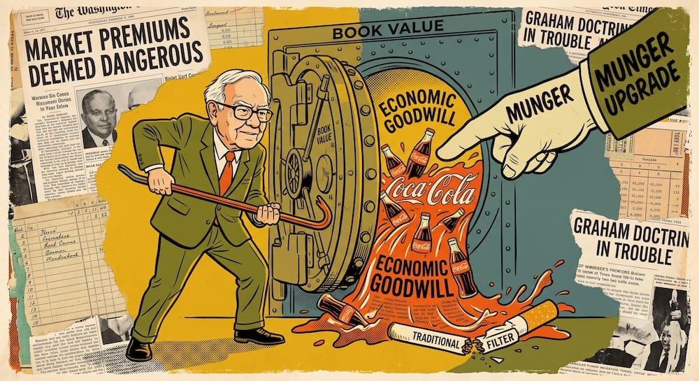 Warren Buffett in an old-school suit physically prying open a huge 'BOOK VALUE' safe with a crowbar, while a giant 'MUNGER UPGRADE' hand from off-screen points authoritatively towards a cascade of glowing Coca-Cola bottles emerging, labeled 'ECONOMIC GOODWILL' with embedded text