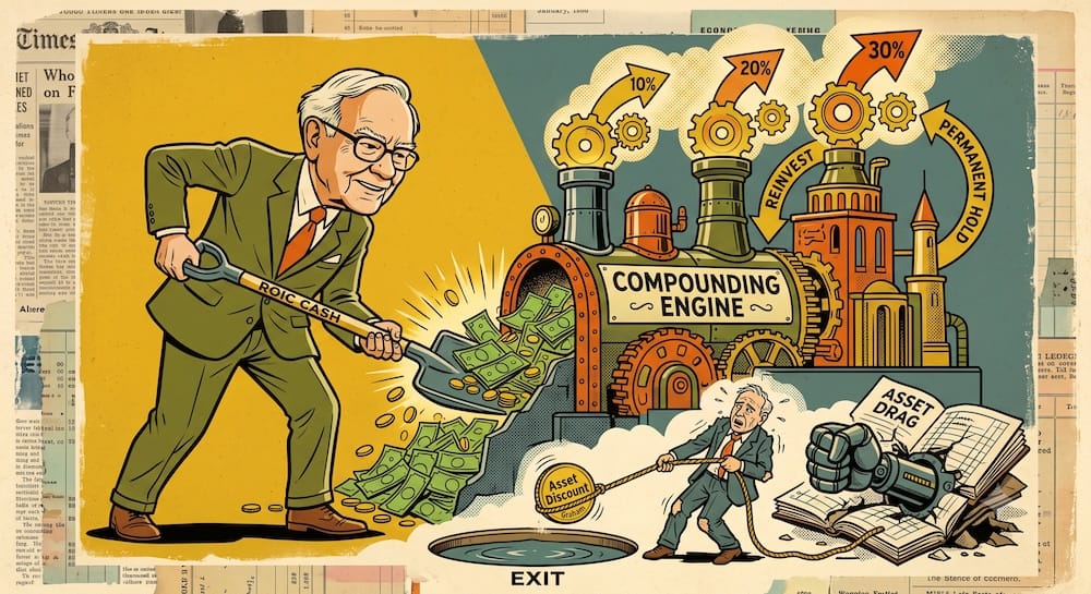 Graham Reversion Trades vs Buffett Compounding Engine Operating Systems Illustrated Warren Buffett uses a massive 'ROIC CASH' shovel to continuously fuel a fantastical 'COMPOUNDING ENGINE.' Gears labeled 10%, 20%, 30% rise above it, reinvesting capital into a permanent holding structure. Below, a small Benjamin Graham caricature struggles, pulled down by a 'ASSET DRAG' fist from economic decay, failing to pull his 'Asset Discount' coin to an 'EXIT' pool.