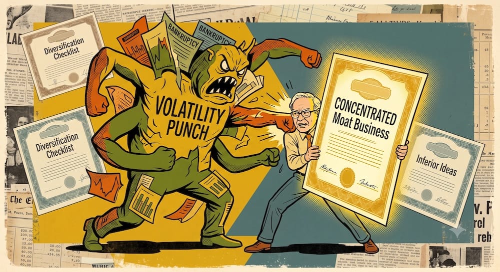 Graham Statistical Baskets vs Buffett Concentrated Ownership Operating Systems Illustrated A man battling a multi-limbed creature labeled 'VOLATILITY PUNCH' that is physically punching a large shield labeled 'CONCENTRATED Moat Business'. The man holds tight despite the distress. Background framing uses a collage of high-contrast, faded vintage newspaper clippings and ledger fragments.