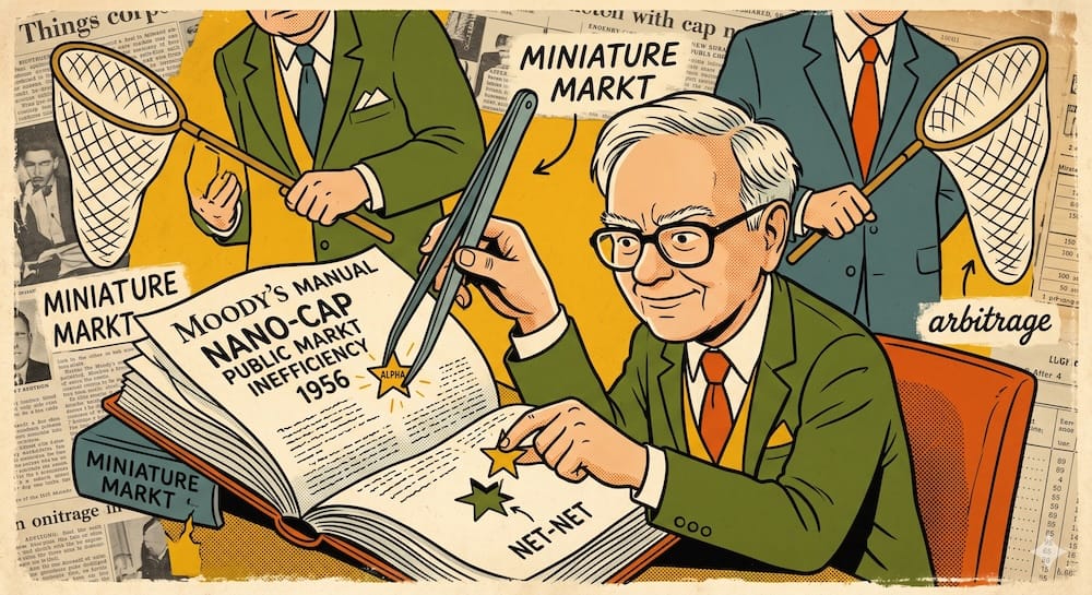 A young, concentrated Warren Buffett using industrial tweezers to pluck a tiny, glowing ALPHA star from a massive, hand-turned Moody's manual page labeled MICRO-CAP MARKT INEFFICIENCY 1956. Large financial figures ignore him.