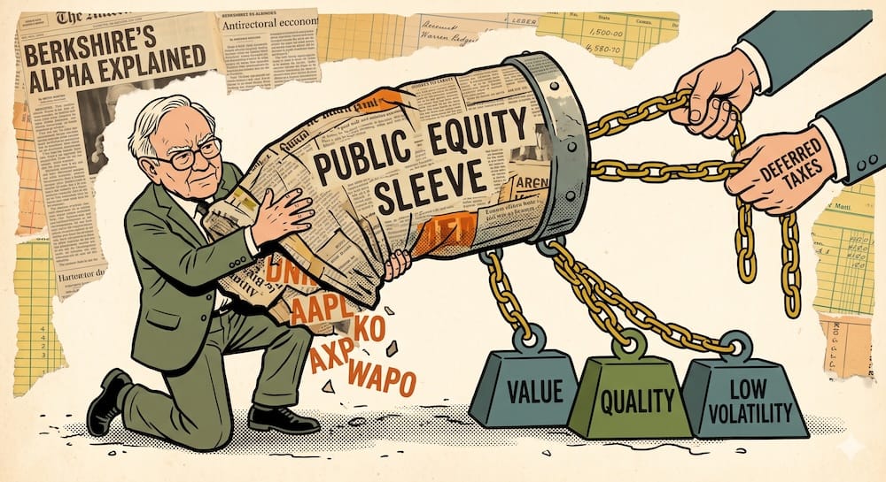Warren Buffett operando una gran manga de cartera mecánica. Tira de cadenas etiquetadas como 'Valor', 'Calidad' y 'Baja Volatilidad' que están ancladas a pesos. Arriba, manos incorpóreas etiquetadas como 'Impuestos Diferidos' tiran de la manga hacia atrás, demostrando la mecánica de aplazamiento fiscal. Los tickers de acciones KO, AXP, WAPO, AAPL aparecen en los engranajes de la manga.
