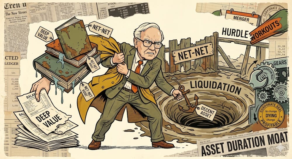 Factor valor y estrategia Generals. Ilustración de Warren Buffett con un traje clásico sosteniendo con un gancho de anclaje una pared que se desarma con la etiqueta Net-Net en un depósito industrial, protegiendo la cartera.