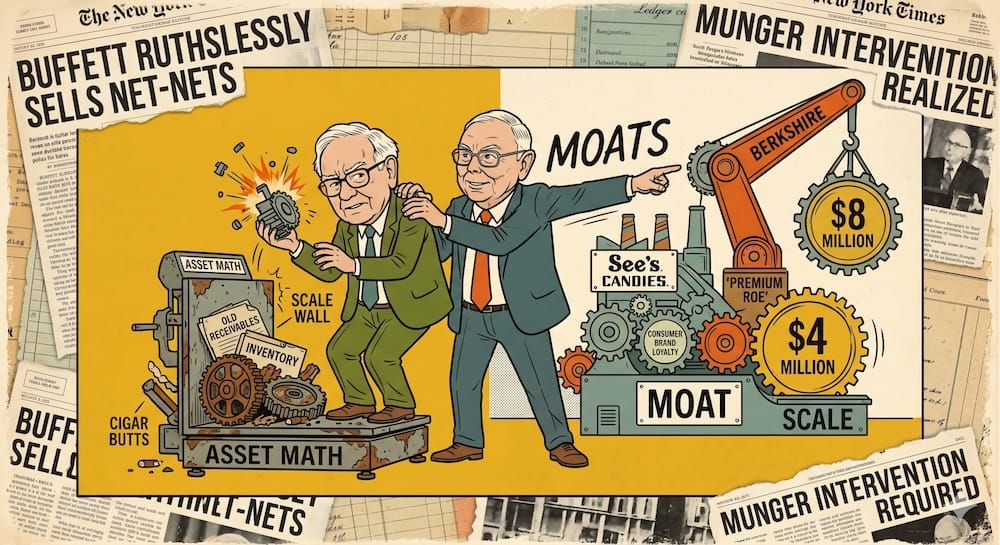 Cambio de las matemáticas de activos de Graham al filtro de calidad de Munger: Mecánica de asignación de capital del Moat con ROE premium de See's Candies Charlie Munger aleja físicamente a un joven Warren Buffett de una balanza oxidada de matemáticas de activos que tritura inventario viejo y lo redirige hacia un motor brillante de ventajas competitivas que genera 4 millones de dólares en flujo de caja.