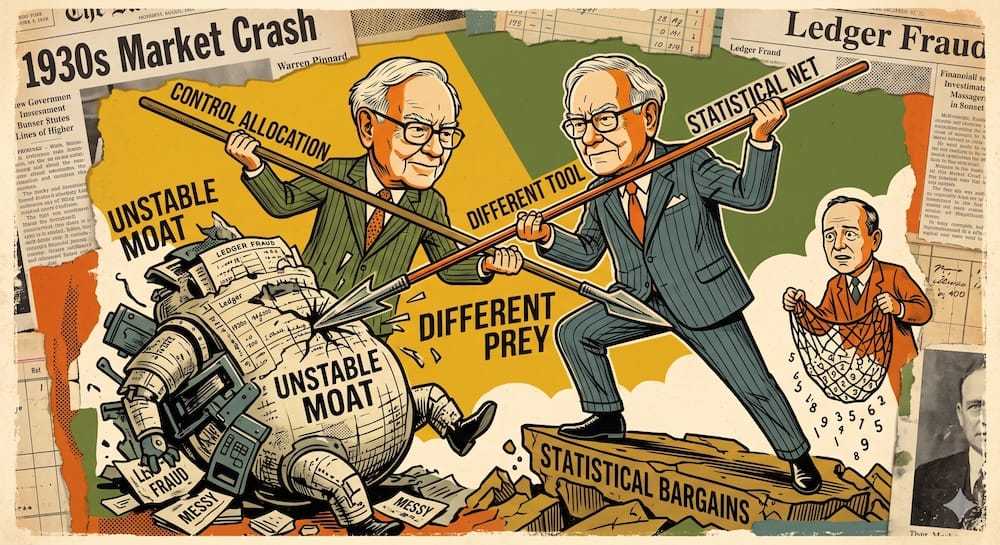 Buffett with a spear labeled ‘CONTROL ALLOCATION’ piercing a monster made of ‘UNSTABLE MOAT’ ledger fragments, while Graham holds a ‘STATISTICAL NET’ with numbers. Background collage of 1930s newspaper clippings and old financial documents.
