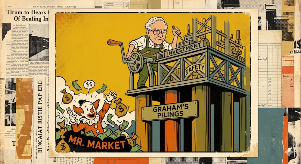 Buffett building structural superstructure over massive foundational Graham Pilings, utilizing 'INVESTMENT' hand-crank machine. Turbulent 'MR. MARKET' clown attempts distraction below, contrasting durable structural alpha.