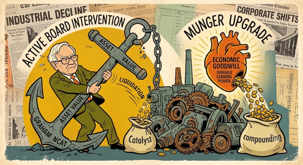 A weary Warren Buffett strains to pull a massive 'ASSET VALUE' and 'GRAHAM NCAV' anchor from rusting machinery, extracting a small 'LIQUIDATION' stream into a sack. Behind him, a glowing heart labeled 'ECONOMIC GOODWILL' and 'DURABLE EARNING POWER' effortlessly compounds a massive river of coins automatically into a thriving 'compounding' sack.