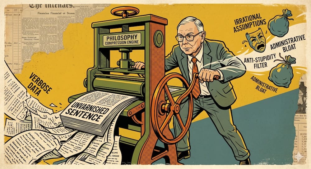 Munger's Intellectual Compression Engine and Anti-Stupidity Filter Charlie Munger operating a large industrial press. Verbose data is compressed into a single unvarnished sentence, visualized as a heavy block crushing irrational assumptions and administrative bloat. Integrated text includes ANTI-STUPIDITY FILTER and UNVARNISHED SENTENCE