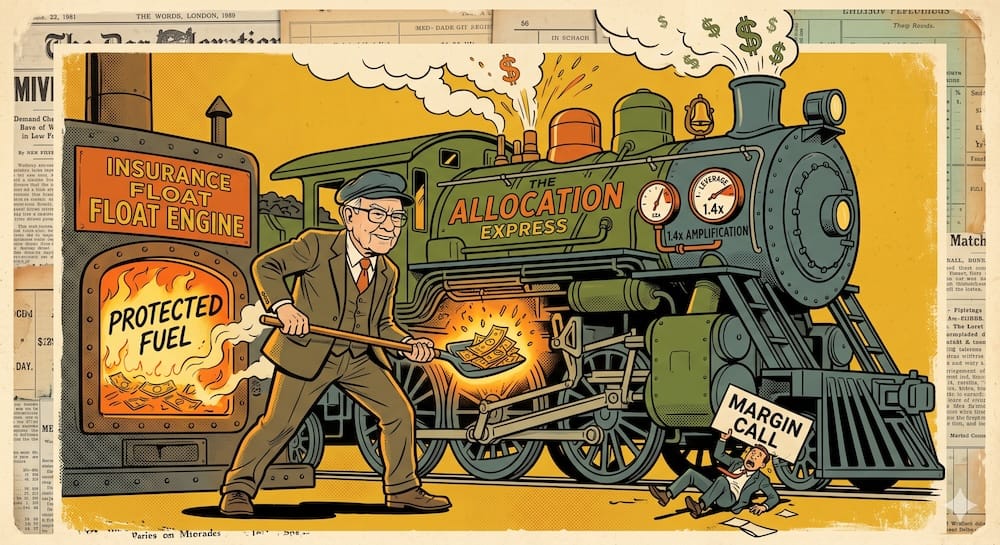 Buffett as a muscular stoker shoving dollar signs into a locomotive's firebox labeled "INSURANCE FLOAT ENGINE." Gauges confirm "1.4X AMPLIFICATION," crushing a broker under a sign that says "MARGIN CALL."