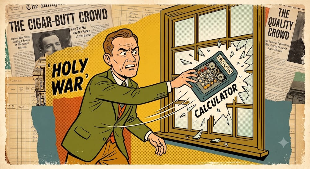Cigar-Butt vs Quality Investing: Buffett, Munger, and the Fake Debate Illustrated Investor caricature hurling a massive mechanical calculator through a closed window pane. The dynamic action is framed by a background collage of aged newspaper clippings and ledger fragments, with text details on the flying calculator visible as glass shatters.