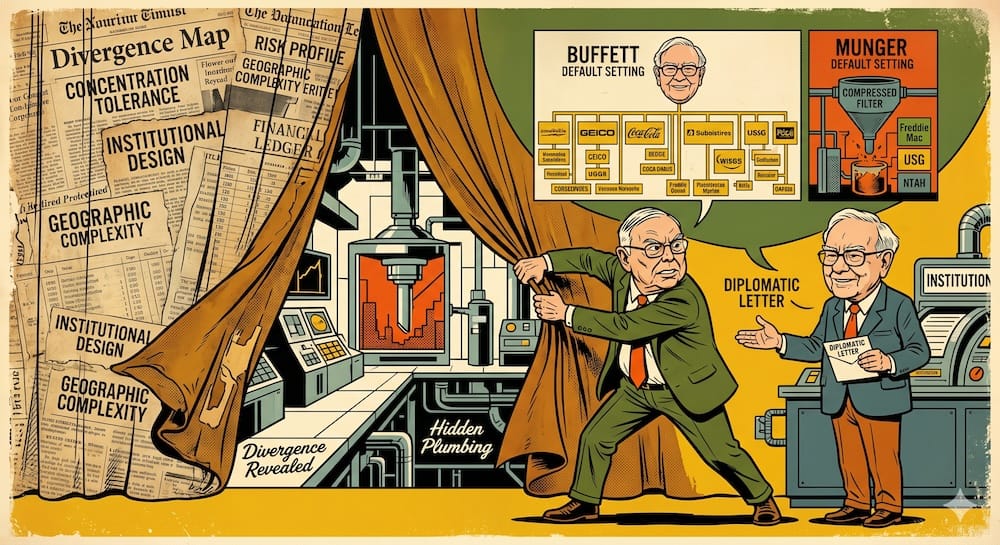 Buffett-Munger Quiet Divergence Map Caricature Charlie Munger pulling back a massive leather curtain, revealing the underlying structural complexity of Berkshire. Behind the curtain, a massive multi-armed Buffett setup contrasts with a focused Munger lab. Text Divergence Revealed and Hidden Plumbing