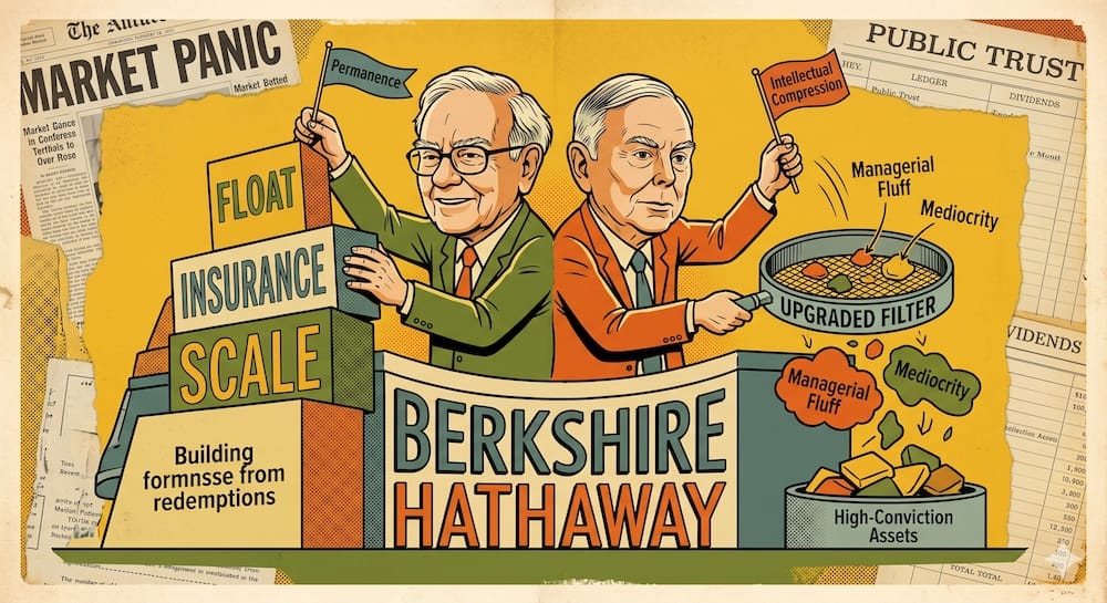 Buffett's Permanent Institutional Trust Fused with Munger's High-Conviction Quality Filter Buffett and Munger physically balancing a giant mechanical structure marked BERKSHIRE HATHAWAY. Buffett builds a fortress of insurance float and trust while Munger operates a concentrated quality filter, crushing managerial fluff