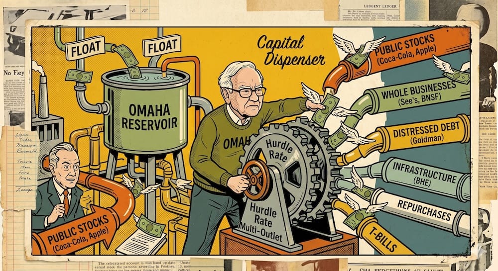 Warren Buffett as a 'Capital Dispenser' within an Omaha factory. He turns a massive 'Multi-Outlet' gear to direct flying dollars from an 'OMAHA RESERVOIR' fanning out into diverse investment tranches like Public Stocks, Whole Businesses, and Distressed Debt, based on a visible 'Hurdle Rate'.