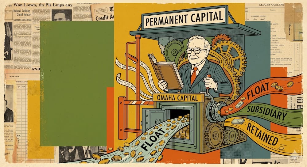 Warren Buffett caricature operating a mechanical 'Omaha Capital' toll booth. Money labeled 'Float' and 'Subsidiary' routes through gears to a vault. Text 'Permanent Capital' is embedded.