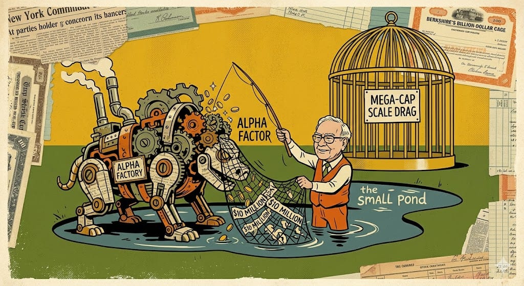 Mecánica de Alpha Factory de la sociedad de Buffett vs el arrastre de escala de la jaula de miles de millones de Berkshire Warren Buffett, un joven inversor Sponge, se ve metido hasta la cintura en el estanque chico de la sociedad, usando una red de pesca especializada de 10 millones de dólares para micro-caps dentro de una bestia mecánica llamada Alpha Factory. En el fondo desgastado, una gigantesca jaula dorada de miles de millones de dólares de Berkshire aparece, mostrando el tremendo arrastre de escala de las mega-caps que no pueden entrar al agua poco profunda.