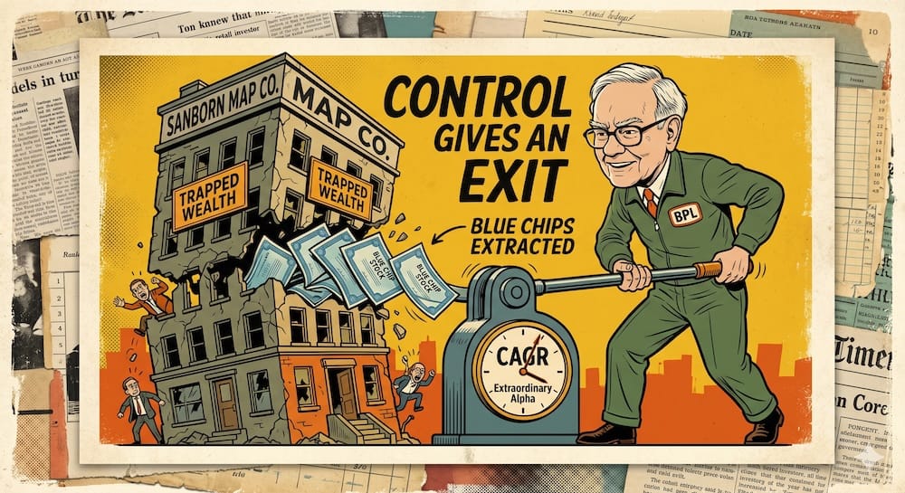 Warren Buffett Partnership BPL Posición de Control Reestructuración Corporativa Mecanismo de Alfa Un dibujo humorístico editorial de estilo Ligne Claire muestra a un joven Warren Buffett decidido, vestido como mecánico de empresas, usando una palanca industrial gigante para girar y arrancar certificados de acciones de la estructura colapsada del edificio de SANBORN MAP CO. con carteles que dicen Riqueza Atrapada. Un collage de libros contables antiguos enmarca la acción.