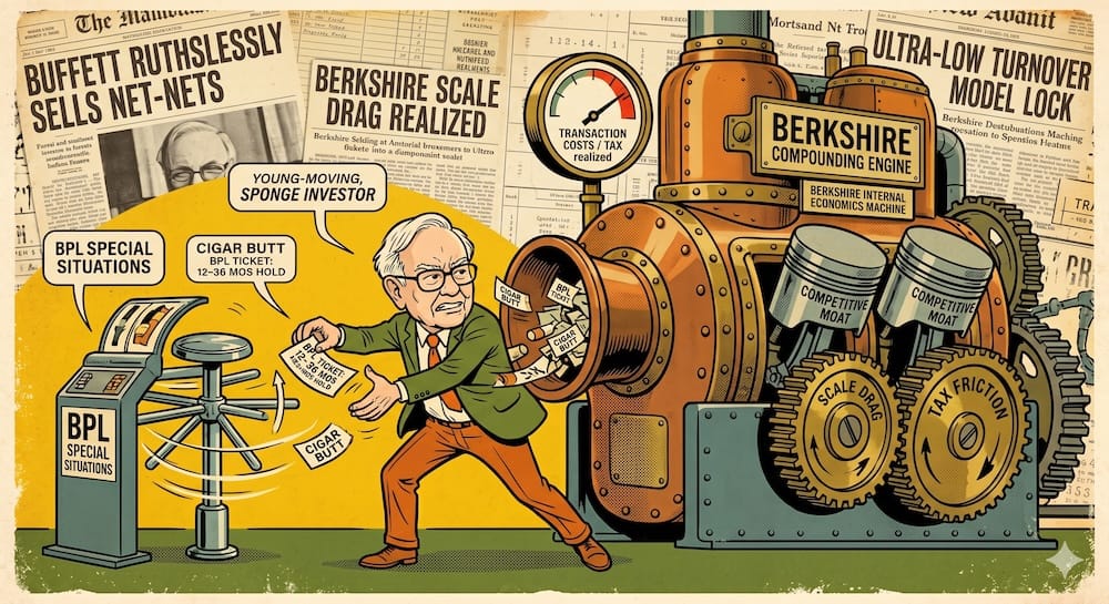 Alta rotación de BPL de la sociedad de Buffett vs el motor de compounding de baja rotación de Berkshire Hathaway con arrastre por fricción de escala Caricatura de Warren Buffett lidiando con dos máquinas. Está reciclando despiadadamente acciones de colillas de cigarrillo estilo BPL Ticket dentro de una gigantesca máquina de economía interna de Berkshire Hathaway etiquetada con alta fricción fiscal y costos de transacción para estrategias de alta rotación. El motor se ahoga con períodos de tenencia cortos.