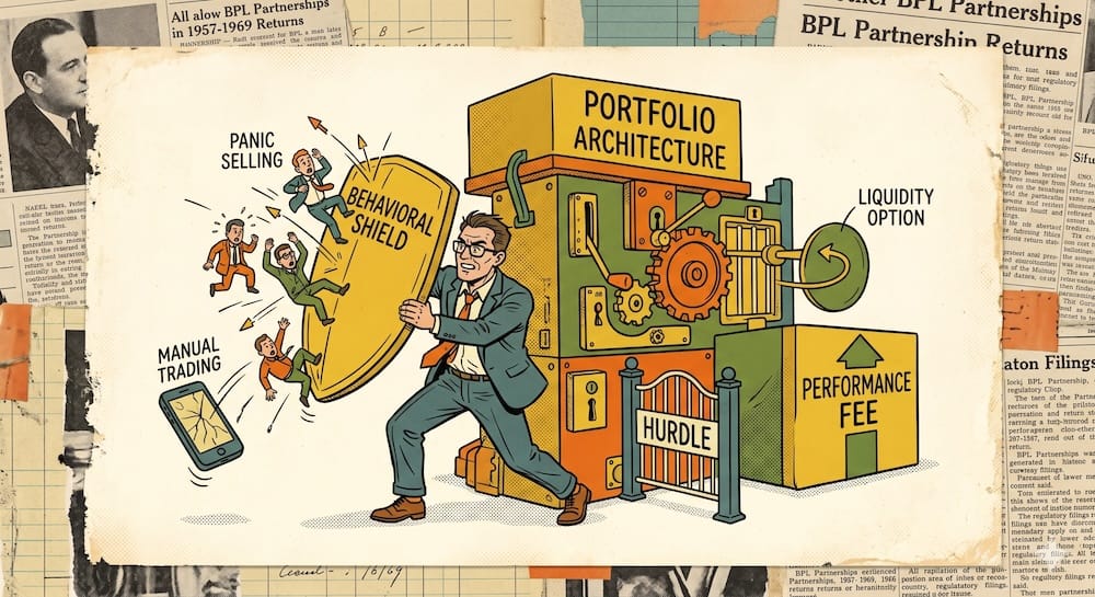 Wrestling With Behavior: How to Engineer a Pre-Float Alpha Factory A modern DIY investor, as a determined Spreadsheet Warrior, physically wrestling with a colossal, Rube Goldberg-esque capital structure labeled 'PORTFOLIO ARCHITECTURE'. He uses a large 'BEHAVIORAL SHIELD' to deflect miniature, panicking retail investors labeled 'PANIC SELLING'. The shield blocks impulsively accessing a legal 'LIQUIDITY OPTION', preventing an emotional exit. The asymmetric fee mechanism 'PERFORMANCE FEE' is visualized as a growing asymmetrical block, generated only after clearing a strict 'HURDLE' gate.
