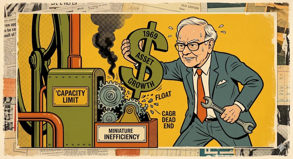 Warren Buffett Máquina de Alfa de BPL Cierre por Límite de Capacidad Una caricatura de estilo Ligne Claire muestra a un joven Warren Buffett transpirando mientras intenta meter a la fuerza un signo de dólar gigante rotulado como Crecimiento de Activos 1969 dentro de un engranaje chico y humeante que dice Ineficiencia de Mercado en Miniatura. La maquinaria con el rótulo Máquina de Alfa de BPL está totalmente trabada. Libros contables y recortes enmarcan el fondo.