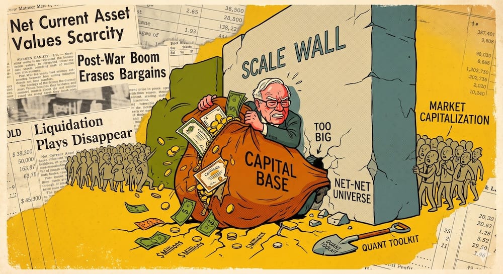 A frustrated Warren Buffett caricature struggling to push an overflowing 'CAPITAL BASE' bag, labeled 'TOO BIG', through a tiny hole in the 'SCALE WALL' into the 'NET-NET UNIVERSE' as the post-war market erases bargains.