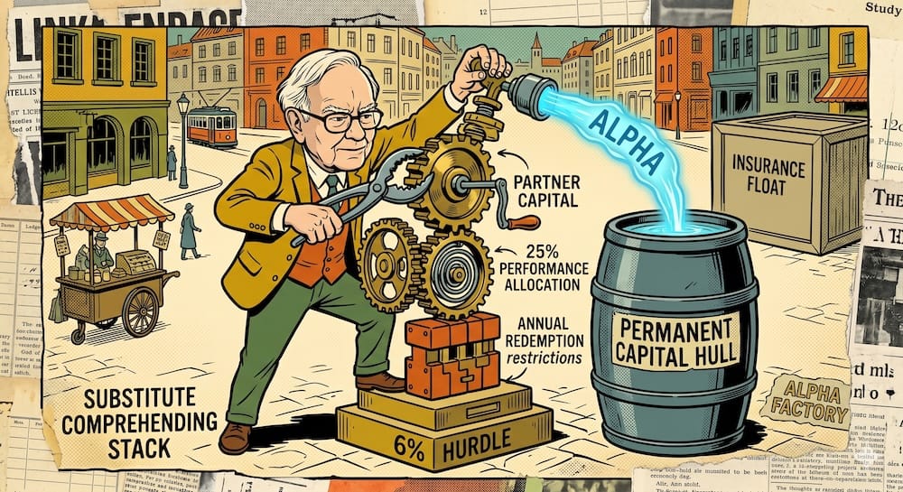 How Warren Buffett Compounded Capital Before Insurance Float: Inside the Pre-Float Engine Warren Buffett caricature intensely ratchets a massive 'SUBSTITUTE STACK' machine of gears. He stands on a base of 'LIMITED CAPITAL', powering it with a lever labeled 'PERFORMANCE ALLOCATION' showing a 25% allocation and 6% hurdle. Background features Dadaist collage of newspaper and ledger clippings referencing BPL Partnerships, $105,100, and no fees.