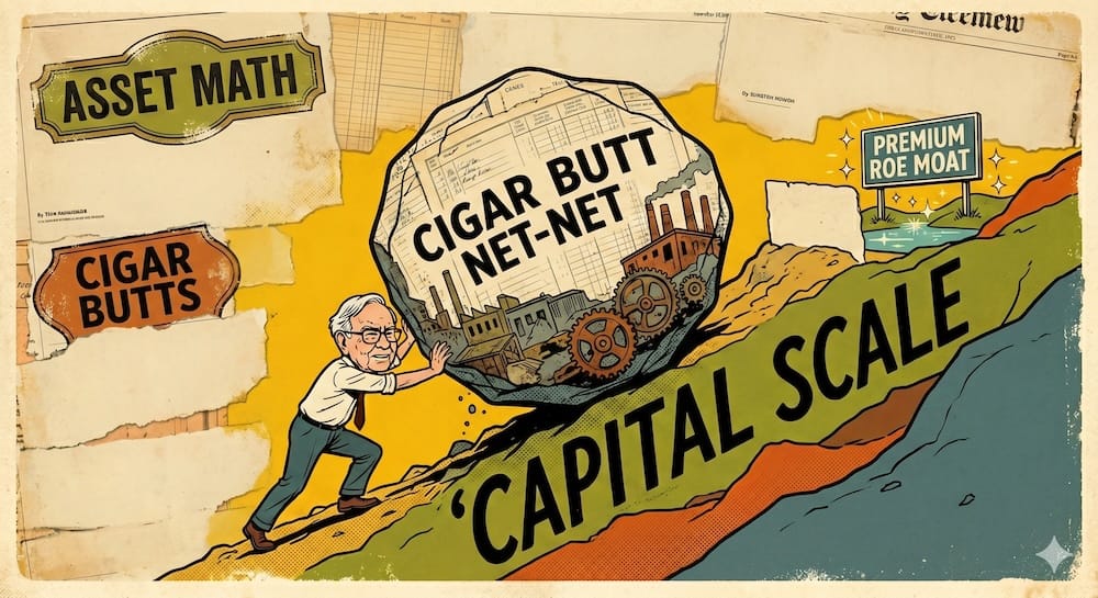 Cigar Butt de la sociedad de Buffett vs la estrategia de Moats de Berkshire: El arrastre de la escala institucional visualizado Ilustración de arte pop financiero muestra una caricatura decidida de un joven Warren Buffett empujando una roca desgastada etiquetada como CIGAR BUTT NET-NET subiendo una pendiente empinada de CAPITAL SCALE hacia un PREMIUM ROE MOAT lejano.