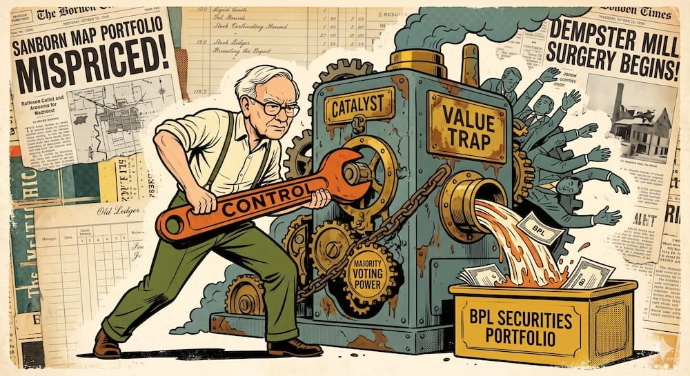 Estrategia de activismo corporativo Controls. Un Warren Buffett caricaturizado opera una llave inglesa enorme con la palabra Control para destrabar los engranajes de una corporación vieja, liberando flujos de capital.