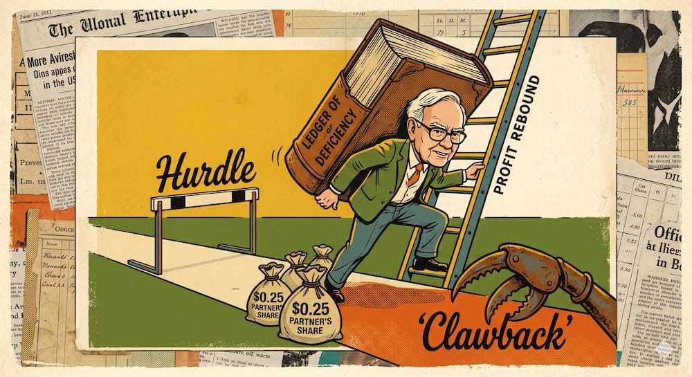 A young Warren Buffett caricature anchored by a heavy 'LEDGER OF DEFICIENCY' while trying to climb a financial ladder marked 'PROFIT REBOUND'. He passes a physical 'Hurdle' and a rusty mechanical 'Clawback' on his path.