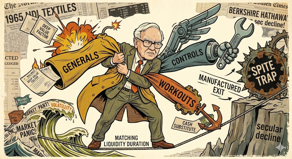 Equilibrio de riesgo en la cartera de Buffett Partnership. Warren Buffett en una caricatura retro haciendo equilibrio sobre la cuerda floja con las tres mangas representadas por herramientas y anclas sobre un abismo financiero.