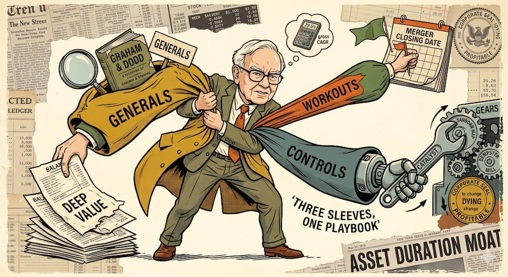 Estrategia de asignación de activos de la Buffett Partnership. Un joven Warren Buffett operando un abrigo de tres mangas como una máquina de cartera: la manga Generals junta empresas net-nets de Benjamin Graham, la manga Workouts tiene un calendario de arbitraje de fusiones y el brazo robótico Controls maneja herramientas sobre engranajes industriales.