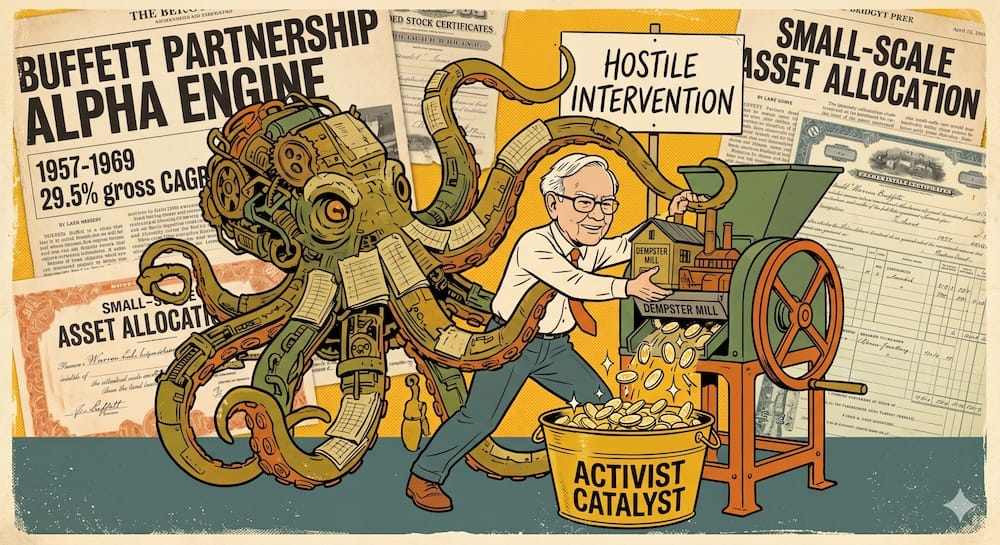 Warren Buffett Partnership vs Berkshire Investing Style: El mecanismo activista y catalizador en micro-caps Warren Buffett metiendo una fábrica en miniatura de Dempster Mill dentro de una máquina verde antigua de manivela etiquetada como Activist Catalyst. Monedas de oro salen volando hacia un piletón. Un pulpo mecánico de asignación de activos cubierto de hojas de balance ayuda a girar la rueda. El fondo muestra titulares de diarios viejos estilo años 1930 que dicen Buffett Partnership Alpha Engine y 29.5% Gross CAGR.