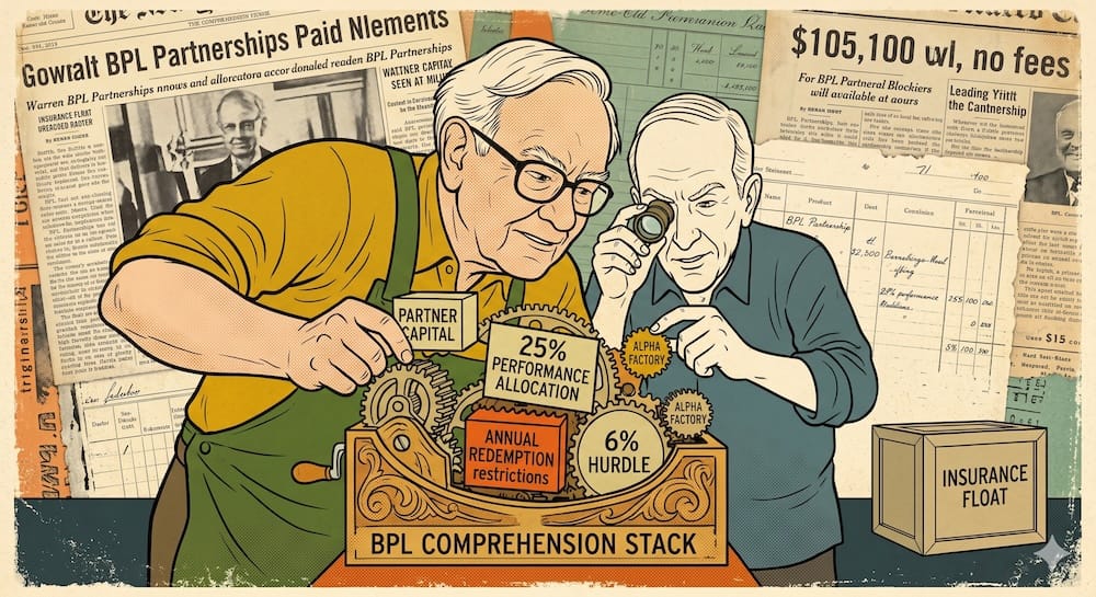 How Warren Buffett Used Workouts as a Cash Substitute to Keep Capital Productive Warren Buffett caricature intensely cranks 'THE ALPHA FACTORY' machine, feeding non-correlated event data labeled blocks MERGER, SPIN-OFF, and LIQUIDATION. The machine funnels glowing 'ALPHA' into a barrel labeled 'PERMANENT CAPITAL HULL', protected while distant standard mutual fund investors tumble off a cliff in a '1962 FLASH CRASH' and 'RETAIL PANIC' collage background.