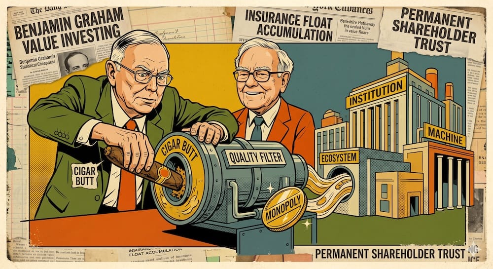 Buffett's Scaled Machine and Munger's Upgraded Quality Filter Illustration Munger, an intense caricature with glasses, forcibly pressing a decaying cigar labelled CIGAR BUTT into a QUALITY FILTER. Buffett watches, smiling folkishly behind a massive scaled corporate machine. The resulting output is a polished Monopoly coin