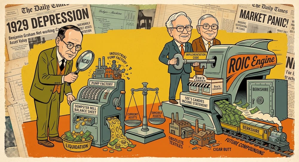 Benjamin Graham vs. Warren Buffett: Asset Value vs. Earning Power Operating System Shift Illustrated Caricatures of Benjamin Graham and Warren Buffett. On the left, Graham uses an NCAV magnifying glass on a balance sheet machine processing a factory into liquidation cash. On the right, Buffett and Charlie Munger stand triumphant, looking forward as their 'ROIC Engine' machine processes See's Candies into a blast of free cash flow powering a 'Berkshire' vault and compounding train, completely bypassing obsolete textile and cigar butt factories on the floor.